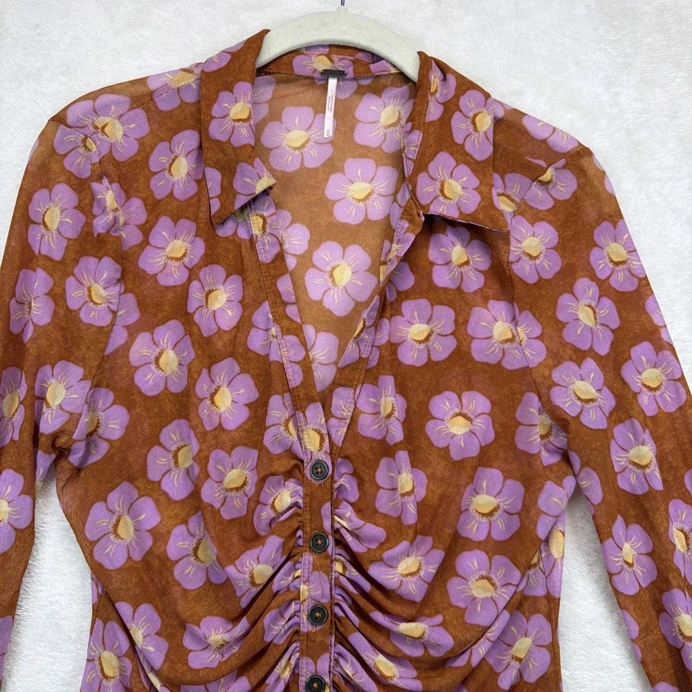 Free People Mesh Top Women's M Brown Floral Ruched Sheer Y2K Boho Stretch